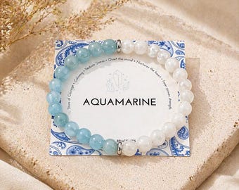 Moonstone Aquamarine Crystal Bracelet,Healing Stone Bracelet for Inner Peace,Self Confidence, Spiritual Gifts