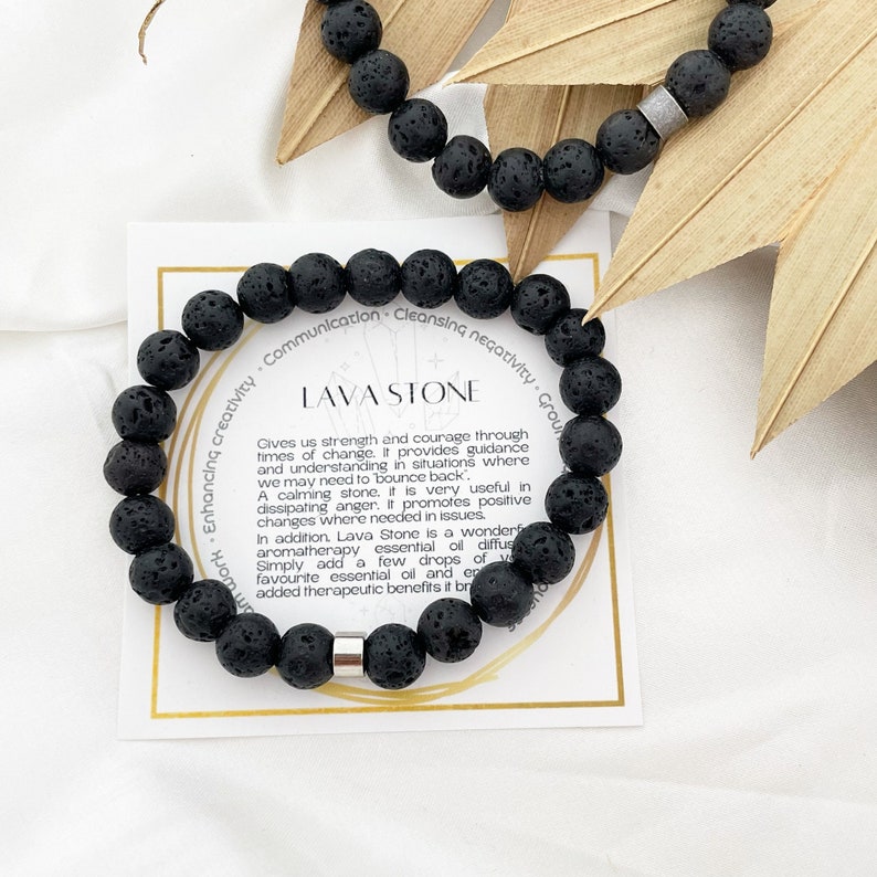 Minimalist bracelet made with 8 mm natural Lava Rock stone beads and accentuated, with oval shaped, non tarnish, silver accent. This bracelet comes with a beautifully designed stone information card.