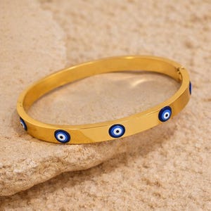 Evil Eye Bracelet, Bangle Cuff Bracelet,14K Gold Filled Hinge Bangle, Perfect for everyday wear, Birthday Gifts Idea, Waterproof Jewelry image 5