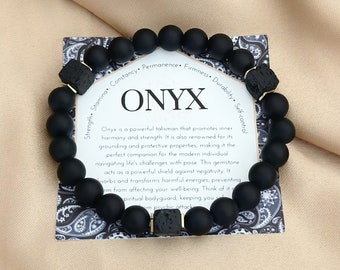 Bracelet minimaliste en onyx noir et pierre de lave, bracelet en pierres précieuses perlées à la terre, parfait pour un usage quotidien, cadeaux pour amateurs de cristal