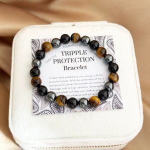 Energy Protection Crystal Bracelet,Men,Women,Hematite Tiger’s Eye Tourmaline Bracelet,Cool Healing Stone Bracelet, Best gifts for Empaths