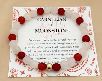 Carnelian Rose Quartz Moonstone Gemstone Bracelet,6mm Beaded Bracelet for Women, Attract Love,New Beginnings,Break Up, Healing Gifts for her