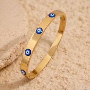 Evil Eye Bracelet, Bangle Cuff Bracelet,14K Gold Filled Hinge Bangle, Perfect for everyday wear, Birthday Gifts Idea, Waterproof Jewelry image 3