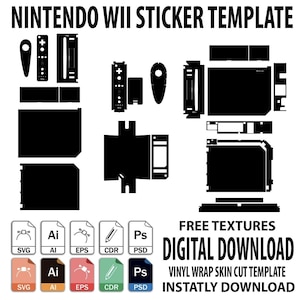 Może przedstawiać: Czarno-biały szablon naklejki Nintendo Wii z różnymi wyciętymi kształtami dla konsoli i kontrolerów. Obraz zawiera tekst "NINTENDO WII STICKER TEMPLATE" i "DIGITAL DOWNLOAD". Dołączono również ikony typów plików dla formatów SVG, AI, EPS, CDR i PSD.