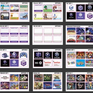 Könnte beinhalten: Eine Sammlung von Speicherkarte-Etiketten und Kunstdrucken zum Thema Videospiele. Die Designs zeigen Charaktere und Logos aus beliebten Nintendo-Spielen wie Pikmin, Mario und Zelda. Das Layout umfasst verschiedene Sets und Optionen.