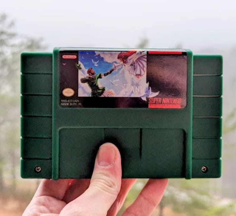 K&ouml;nnte beinhalten: Eine gr&uuml;ne Super Nintendo-Spielkassette mit einem farbenfrohen Etikett, das eine Figur in gr&uuml;ner Kleidung und eine Frau in einem wei&szlig;en Kleid zeigt. Das Spiel tr&auml;gt den Titel "DANI". Die Kassette wird von einer Hand gehalten.