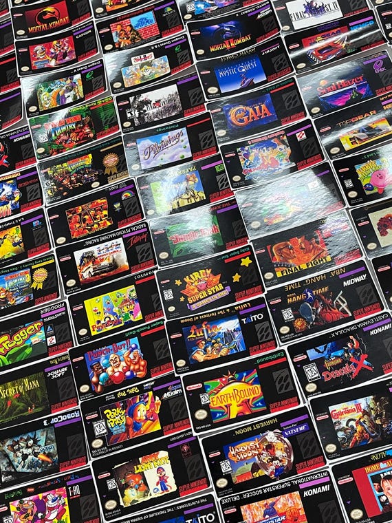 SNES Replacement Labels - Restore your damaged labels. Great for modding or custom Roms, Gifts, Gags, or Meme Game. Custom Art Available.