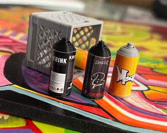 Mini Spray Cans w/ Mini Milk Crate. Perfect for models, toys, pocket vibes, nicnac, novelty, shadowbox, photoshoots, action figure, dioramas