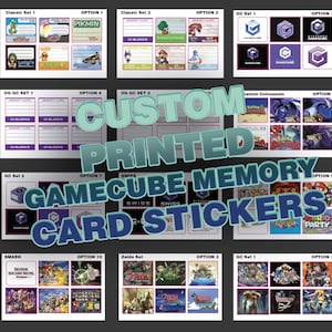 May include: Custom printed GameCube memory card stickers. The image displays various sticker sets with different designs, including characters from Pikmin, Zelda, and Super Smash Bros. The text "CUSTOM PRINTED GAMECUBE MEMORY CARD STICKERS" is prominently featured.