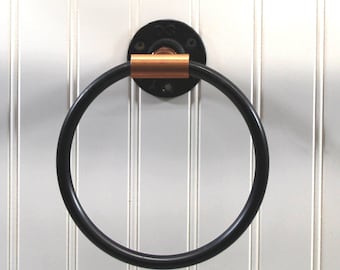 Hand Towel Ring Holder, Rustic Farmhouse Copper and Black Iron Pipe