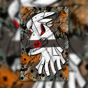 May include: Abstract art print featuring a stylized white bird-like figure with red accents and black outlines. The artwork is set against a backdrop of splattered paint in shades of orange, gray, and black, with diagonal lines.