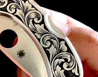 Hand Engraved Stainless "Spyderco DragonFly" Pocket Knife