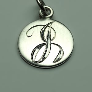 Sterling silver small round charm pendant necklace jewelry hand engraved letter J monogram.