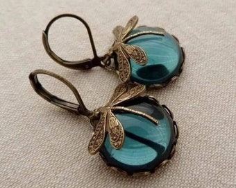 Bronze & Blue Glass Carbochon Dragonfly Earrings
