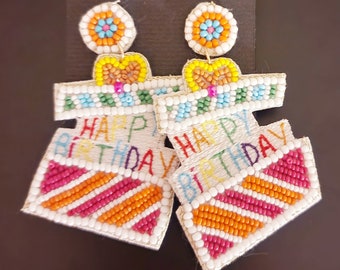 Happy Birthday Seed Bead Cake Earrings ,Celebration ,Womens Gift