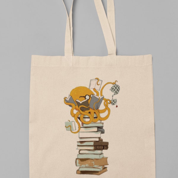 Octopus Reading A Book Tote Bag, Book Tote Bag, Animal Bag, Animal Lover Bag, Octopus Reusable Bag, Funny Book Birthday Gift, Trendy Bag