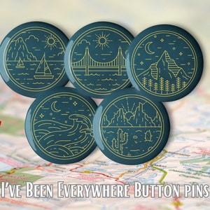 I&#39;ve Been Everywhere - Explorer Adventure Wanderlust Pin Set - Set of 5 Badges - 1.25” Diameter