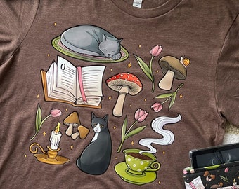 Cozy Cats Shirt | Cottagecore, Books and Cats, Unisex, Reader Gift, T Shirts, Girls T Shirts, Graphic Tee, Kitten, Cat Lady, Librarian Gift
