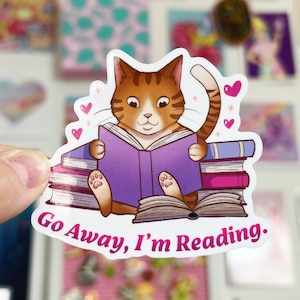 Go Away I’m Reading Vinyl Sticker | Cat, Book Stack, MacBook Decal ...