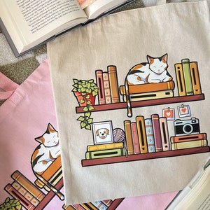 Bookshelf Cat Tote Bag | Cats, Books, Book Stack, Gift Idea, Canvas Tote Bag, Cotton Tote, Boho, Bookish Gift, Cat Gift, Cat Lady