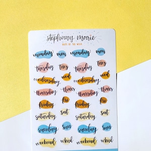 Days of the Week Sticker Sheet | Bullet Journal Stickers, Planner Stickers, Bujo Stickers, Journal Stickers, Scrapbook Stickers