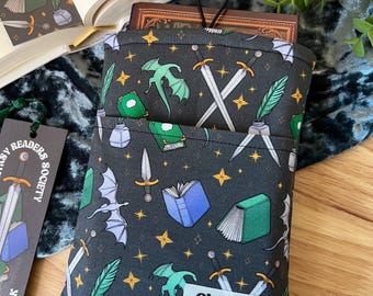 Fantasy Padded Book Sleeve w/Pocket | Fantasy Reader, Dragon Rider, Book Cover, Book Lover Gift, Librarian Gift, Reading Accessories