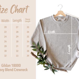 May include: Size chart for a Gildan 18000 Heavy Blend Crewneck sweatshirt. The chart shows measurements in inches for sizes S through 4XL, including width, length, and sleeve length.