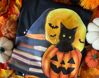 Shirt zwarte kat Witchy Halloween | Unisex, cadeau-idee, T-shirts, T-shirts meisjes, grafisch T-shirt, kitten, Cat Lady, cadeau bibliothecaris