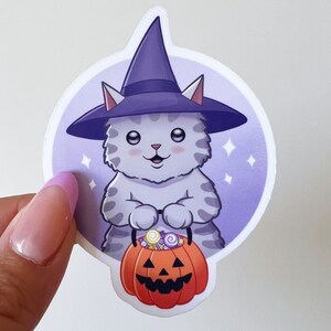 Trick or Treat Cat Vinyl Sticker | Halloween, Spooky, Fall, MacBook decal, Laptop sticker, Cute Sticker