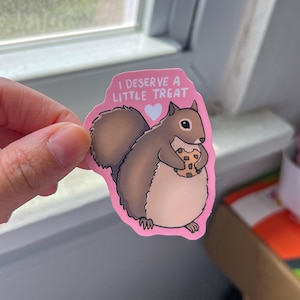 May include: A pink sticker featuring a cartoon squirrel holding a cookie. The squirrel is brown and tan with a white belly. The sticker has the text "I DESERVE A LITTLE TREAT" and a white heart.