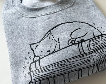 Bookish Crewneck Sweatshirt | Cat Sleeping on Books, Unisex, Gift Idea, Womens crewneck, Kitten, Cat Lady, Librarian Gift