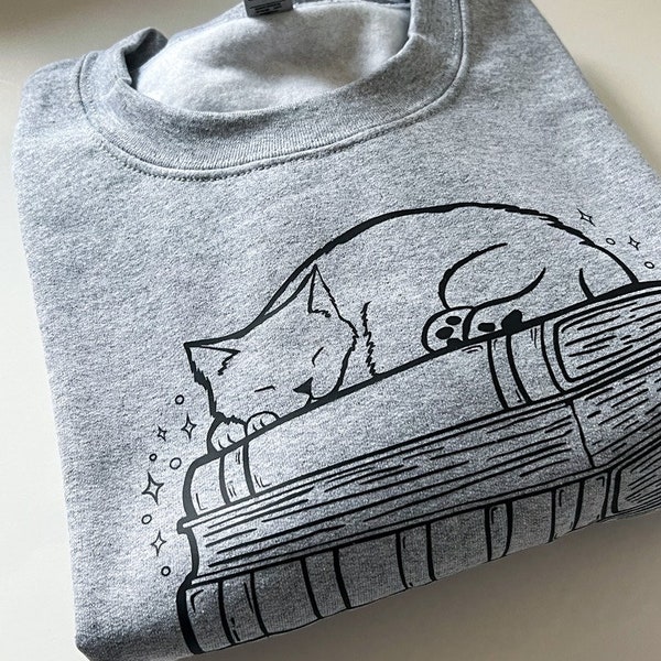 Felpa girocollo da libro / Gatto che dorme sui libri, Unisex, Idea regalo, Girocollo da donna, Gattino, Cat Lady, Regalo bibliotecario