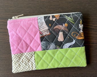 Bookish Patchwork Quilted Zipper Pouch | Books and Tea, Bookworm, Makeup Bag, Book Lover Gift, Librarian Gift, Cosmetics Bag