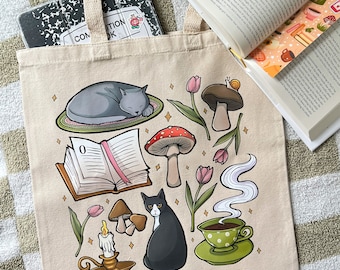 Cozy Cats Tote Bag | Cottagecore, Books and Cats, Canvas Tote Bag, Reusable Bag, Reader Gift, Cat Lady, Librarian Gift, Bookish Tote