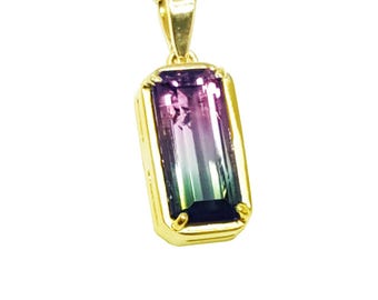 Watermelon Tourmaline Solitaire Pendant Handcrafted in 14K Yellow Gold