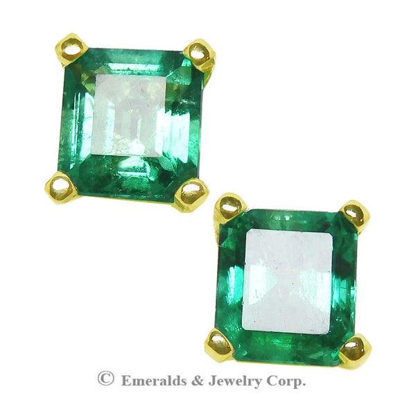 Solid 14K Gold 1.65 Carats Emerald Stud Earrings, Emerald Cut Natural Colombian Emerald Studs For Women