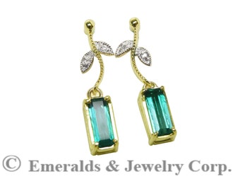 Emerald Cut Natural Colombian Emerald Drop Earrings 14K Yellow Gold