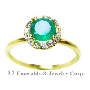 Dainty Round Cut Emerald Ring with Diamond Halo  Solid 14K Yellow Gold Size 7