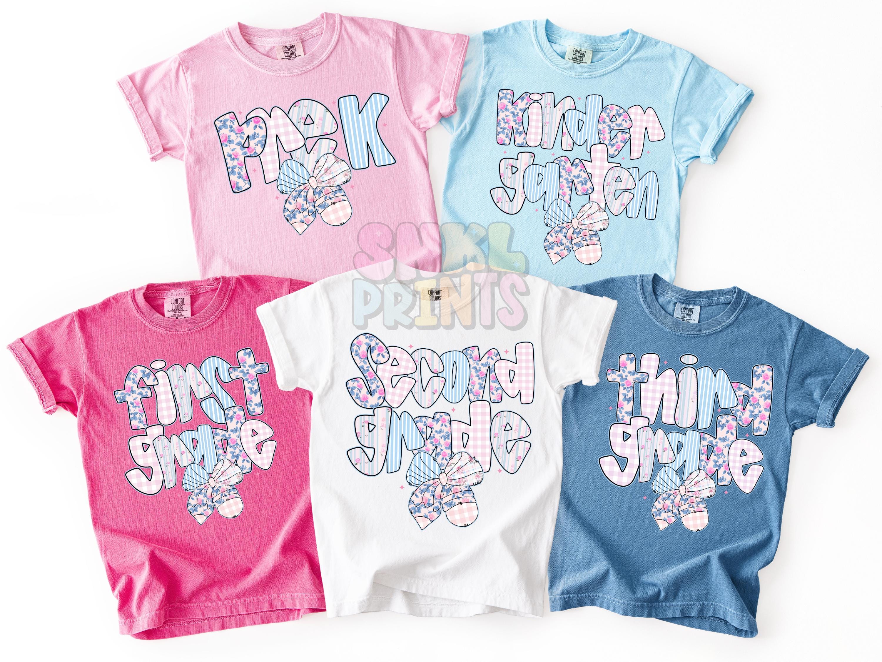 Custom Preppy Floral Grade Level Back to School Shirt, Personalized Coquette Bow Tee, Floral Pencil Bow Kids Name Shirt, Gift for Teacher
