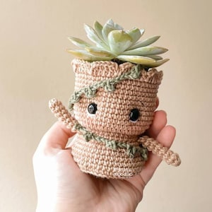 Pode incluir: Um vaso de plantas de crochê em forma de personagem, segurando uma suculenta. O vaso é bege com detalhes verdes e olhos pretos. A suculenta tem folhas verde claro. O vaso tem braços e um rosto sorridente.