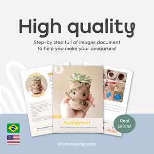 May include: A collection of printed documents featuring crochet patterns for an Amigroot character. The documents include step-by-step images and instructions. The image also includes the text "High quality" and "Real prints!"