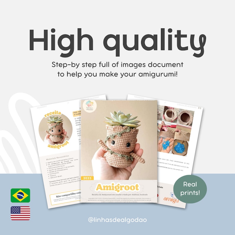 May include: A collection of printed documents featuring crochet patterns for an Amigroot character. The documents include step-by-step images and instructions. The image also includes the text "High quality" and "Real prints!"