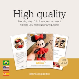 May include: Image of a crochet pattern for a Minnie Mouse amigurumi. The pattern is displayed on several pages with the text "High quality" and "Real prints!" The amigurumi is red, black, and white, with a red bow. The pattern includes step-by-step images.