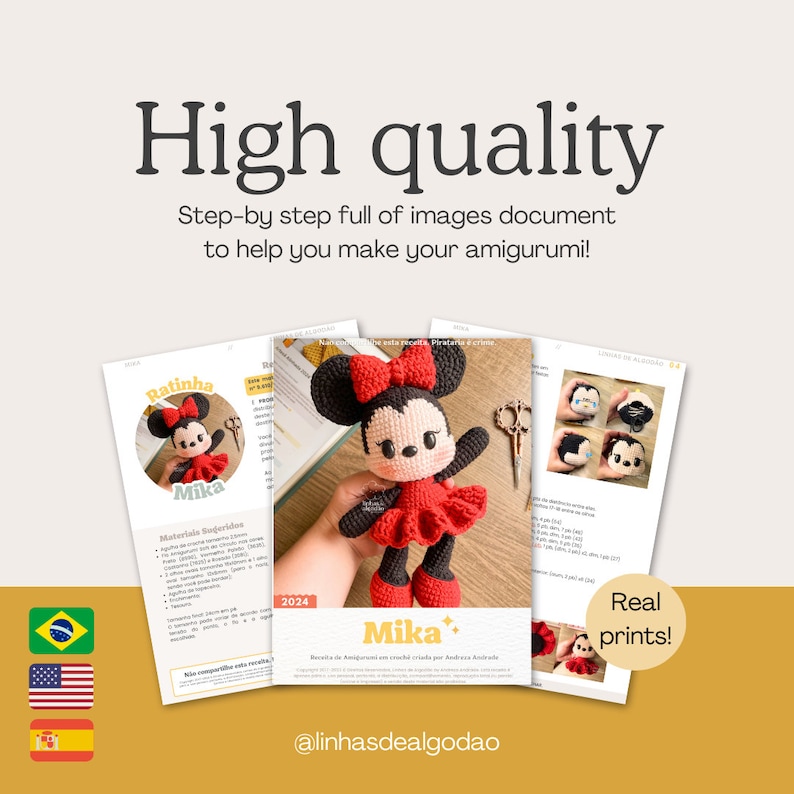 May include: Image of a crochet pattern for a Minnie Mouse amigurumi. The pattern is displayed on several pages with the text "High quality" and "Real prints!" The amigurumi is red, black, and white, with a red bow. The pattern includes step-by-step images.