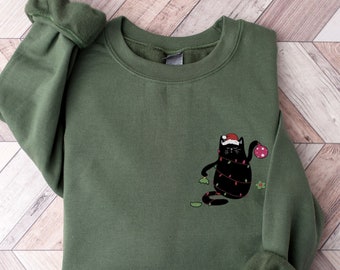 Besticktes Weihnachtskatzen Sweatshirt | Lustiges Weihnachts Katzen Shirt | Katze Besticktes Sweatshirt | Besticktes Unisex Sweatshirt