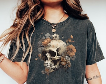 Overhemd met bloemenschedel | Shirt met bloemschedelskelet | T-shirt Halloween-schedel | T-shirt met schedel | T-shirt schedel | T-shirt met bloemen schedel boho print
