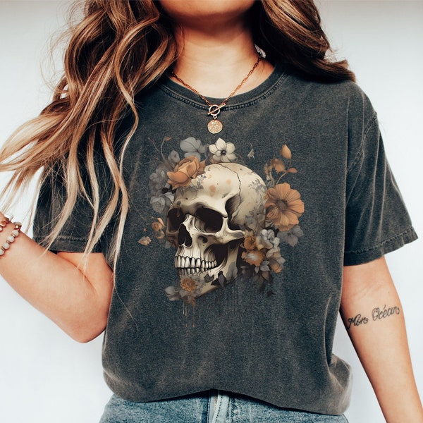 Chemise florale tête de mort | T-shirt squelette en forme de crâne de fleur | t-shirt crâne d'Halloween | -shirt tête de mort | T-shirt tête de mort | T-shirt à imprimé floral bohème et tête de mort