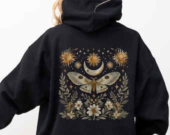Luna Moth Hoodie | Luna Moth Clothing | Moon Phases | Mystic Moon and Moth Hoody | Celestial Hoodie | Moth Goblincore Hoodie