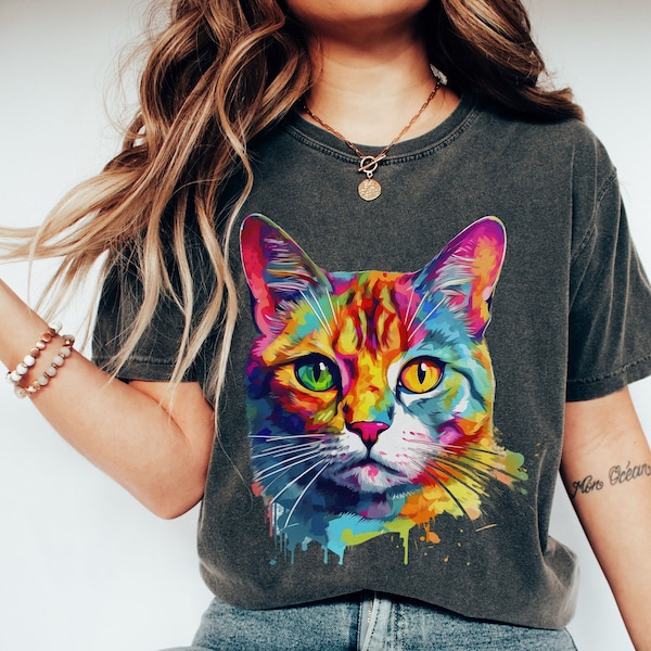 Chemise pour amoureux des chats | chat coloré | Chemise maman chat | Chemise chat psychédélique | Cadeau pour maman chat | Cadeau pour maman | Chemises chat arc-en-ciel
