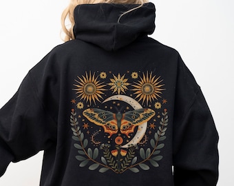 Luna Moth Hoodie | Luna Moth Clothing | Moon Phases | Mystic Moon and Moth Hoody | Celestial Hoodie | Moth Goblincore Hoodie
